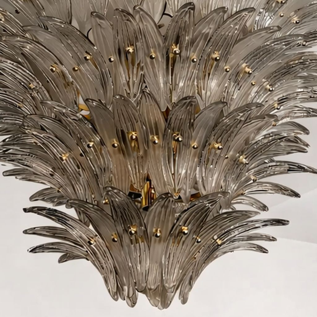 Luxury Venetian Smoked Fumè “Palmette” Murano Glass Plating Gold Chandelier photo for sale