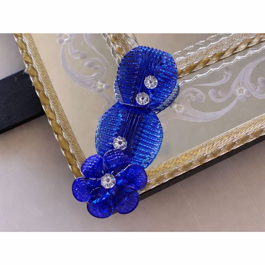 Contemporary Venetian Murano Glass Wall Mirror With Green Floral Hand Carved photo vinterior