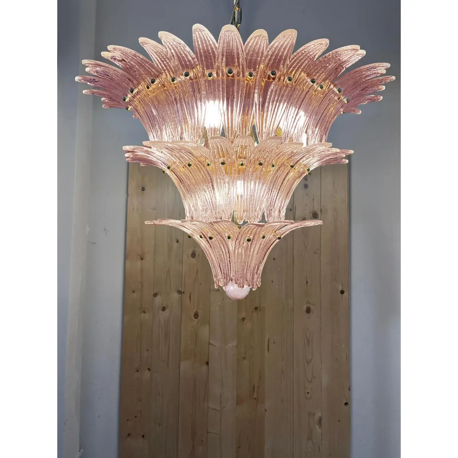 Lot Of 2 Mid Century Modern Pink “Palmette” Murano Glass Chandeliers A Pair photo furniture