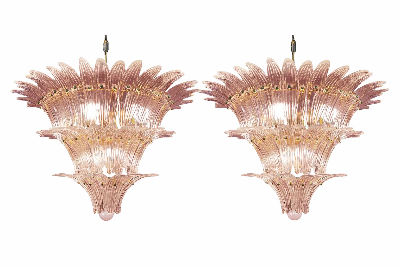 Lot Of 2 Mid Century Modern Pink “Palmette” Murano Glass Chandeliers A Pair photo vinterior