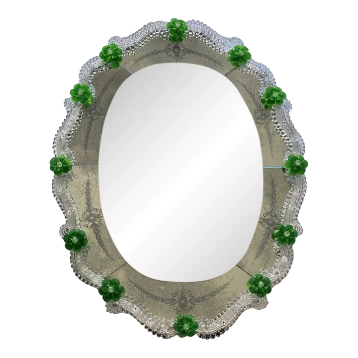 Venetian Murano Glass Oval Floral Wall Mirror – Hand Carved Italian Art