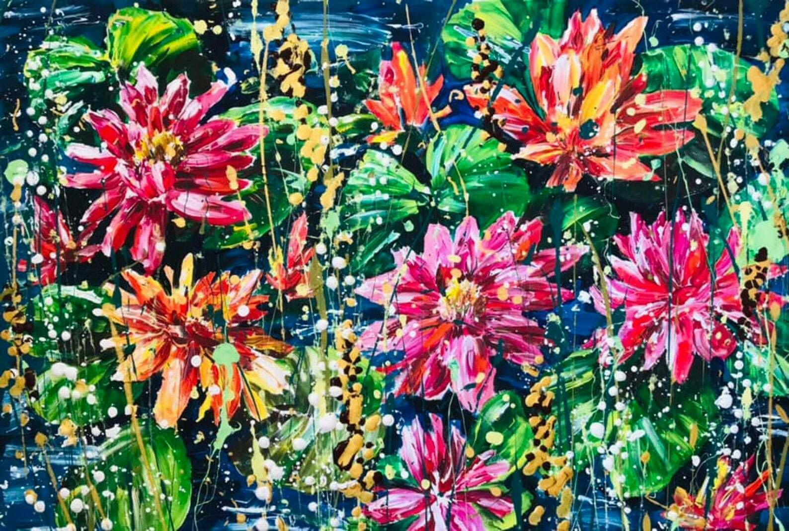 Pollyanna…Large Hand Painted Acrylic Original Lily Pad Floral Leaf Artwork. Green/Blue/Red/Pink/Orange ..Acrylic Paint On Canvas 90cm X 60cm photo Art