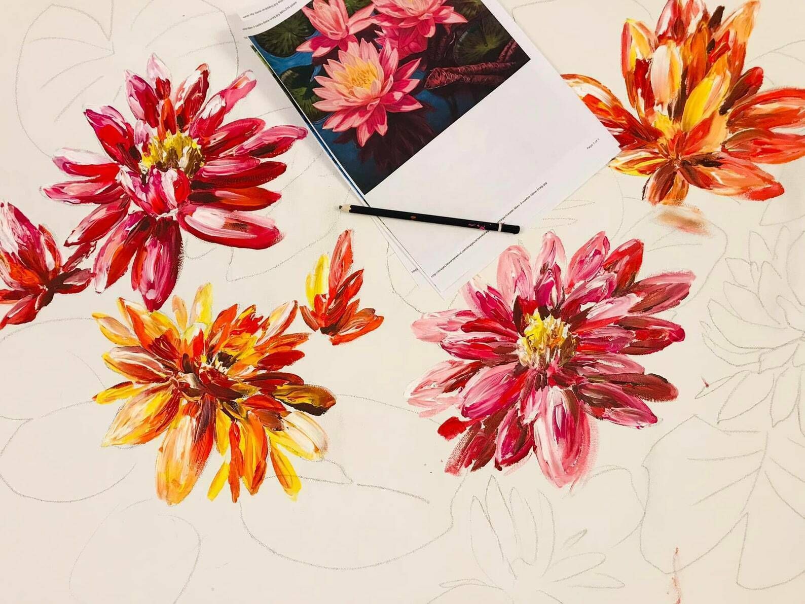 Pollyanna…Large Hand Painted Acrylic Original Lily Pad Floral Leaf Artwork. Green/Blue/Red/Pink/Orange ..Acrylic Paint On Canvas 90cm X 60cm photo vinterior