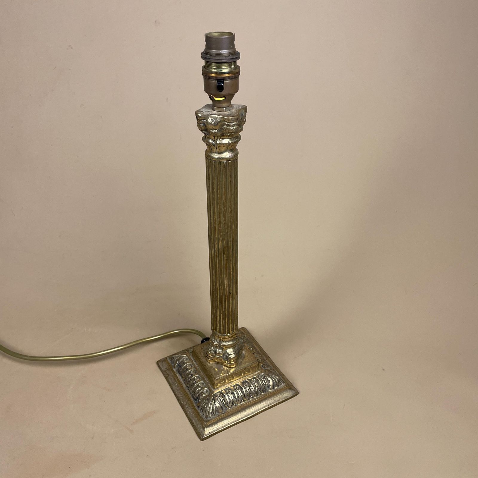 Antique Vintage Metal Gold Brass Lamp Light Bedside Side Table Desk Column Pillar Ornate Square Base Cottage Classic Old Patterned Elegant