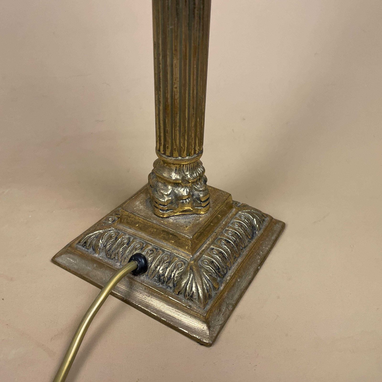 Antique Vintage Metal Gold Brass Lamp Light Bedside Side Table Desk Column Pillar Ornate Square Base Cottage Classic Old Patterned Elegant photo buy