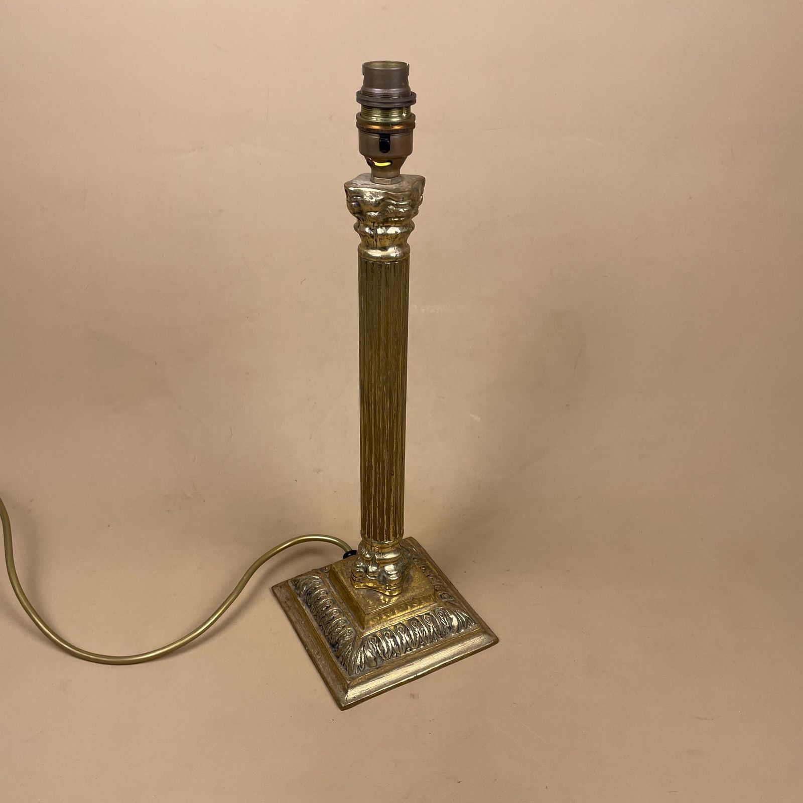 photo for sale Antique Vintage Metal Gold Brass Lamp Light Bedside Side Table Desk Column Pillar Ornate Square Base Cottage Classic Old Patterned Elegant