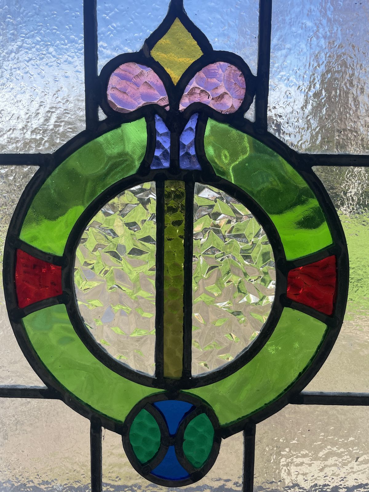 Edwardian Stained Glass Panel With Circular Wreath Motif And Stylised Floral Detail And Textured Glass C.1905 photo furniture