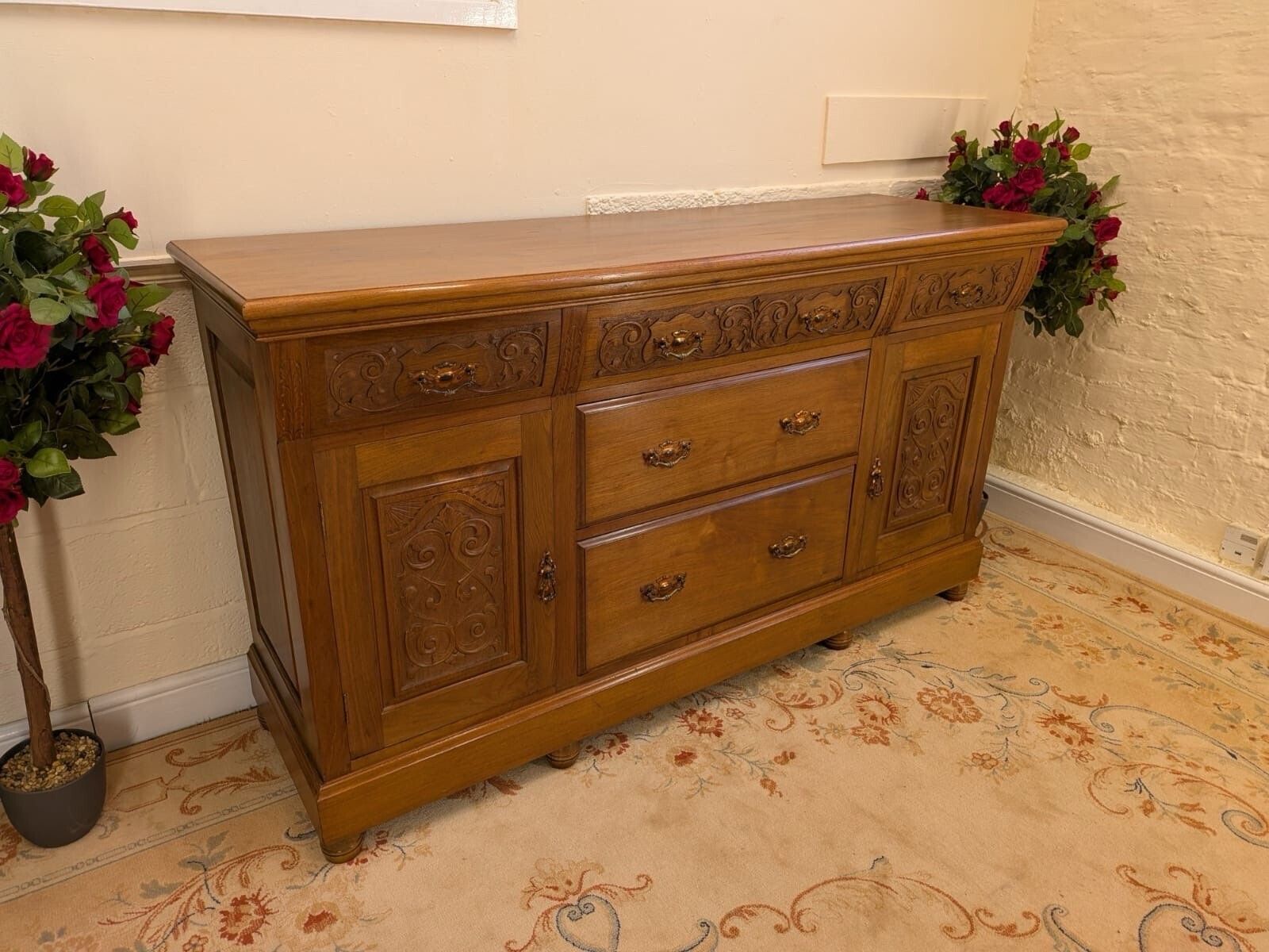 Rare Elegant Edwardian Solid Walnut Carved Sideboard photo for sale