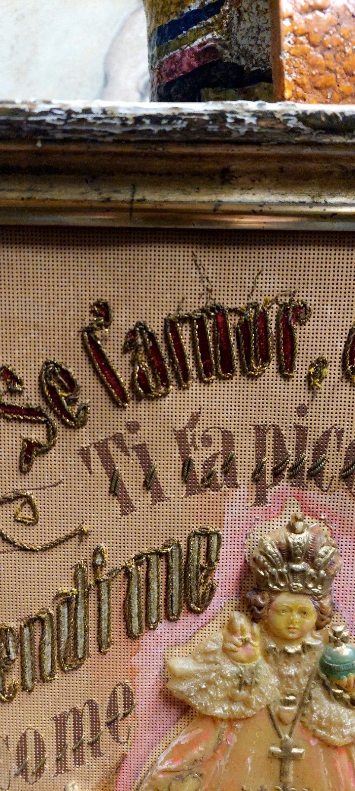 Devotional Embroidery Fabric 19th Century Jesus Child Prague photo vinterior