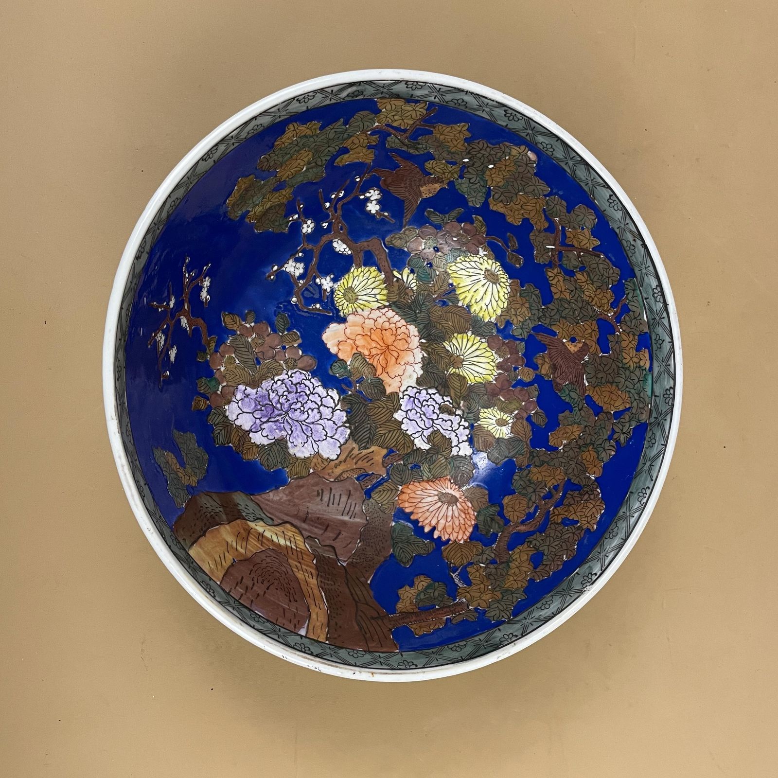 Oriental Ceramic Display Bowl Chinese Floral Design Round Centrepiece Blue Asian Pattern Patterned Hand Painted Tree Old Antique
