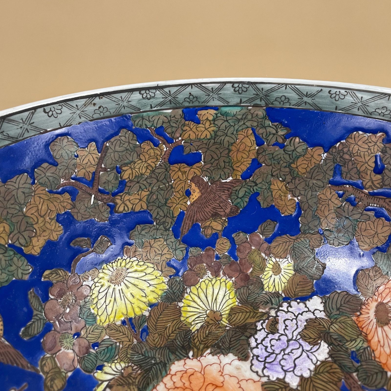 Oriental Ceramic Display Bowl Chinese Floral Design Round Centrepiece Blue Asian Pattern Patterned Hand Painted Tree Old Antique photo Home Decor