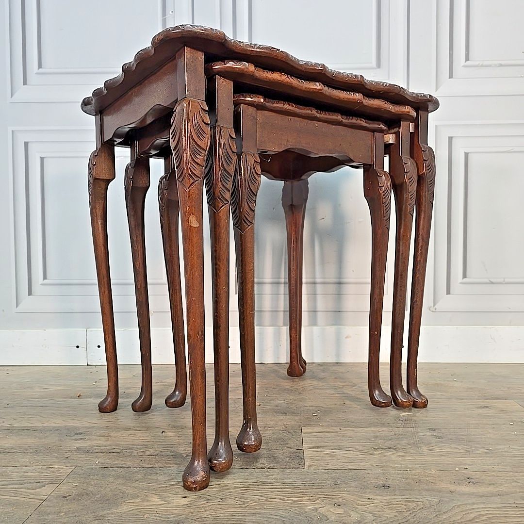 Vintage Nest Of Tables Walnut Veneer Queen Anne Antique Style Set Nested Side photo furniture