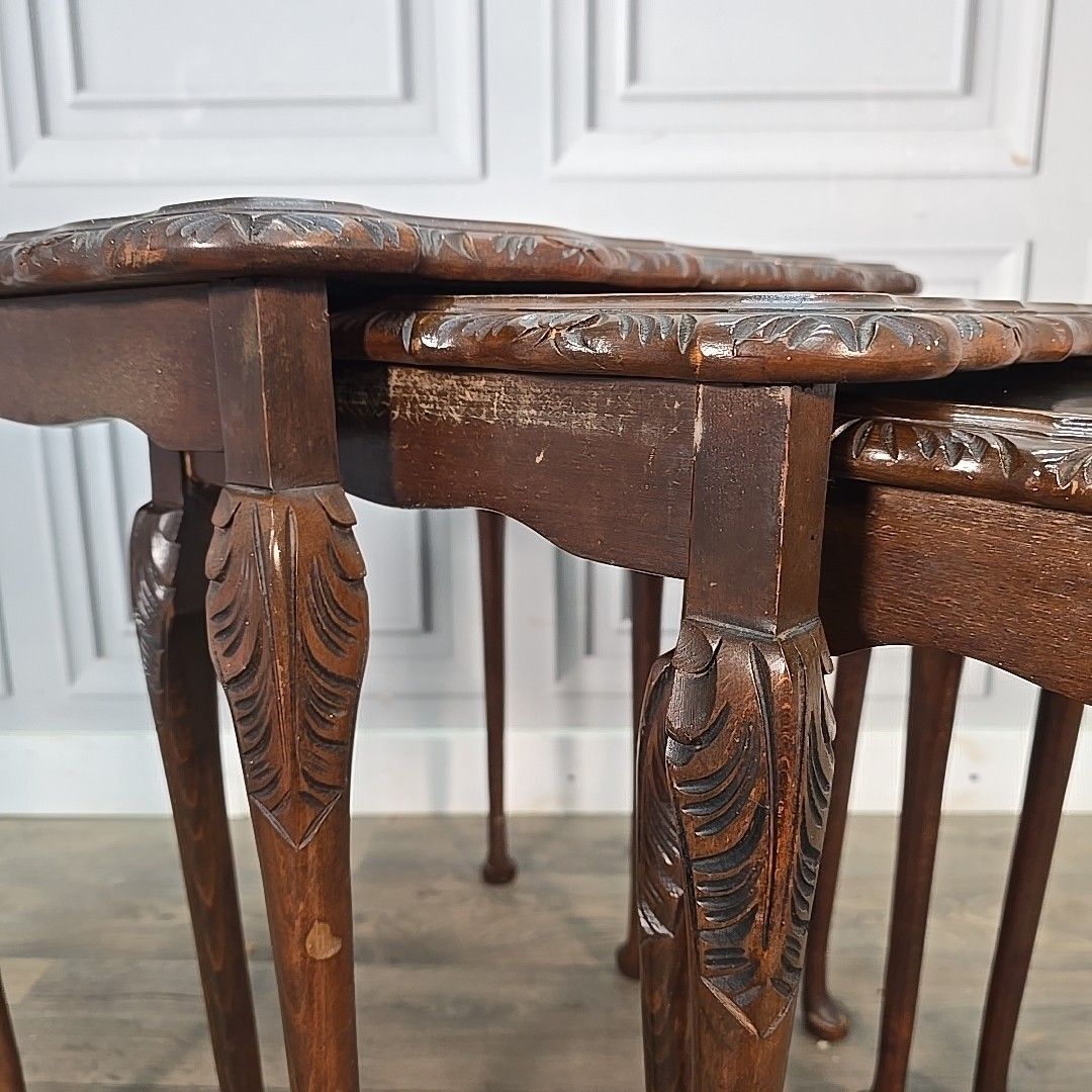 Vintage Nest Of Tables Walnut Veneer Queen Anne Antique Style Set Nested Side photo vinterior