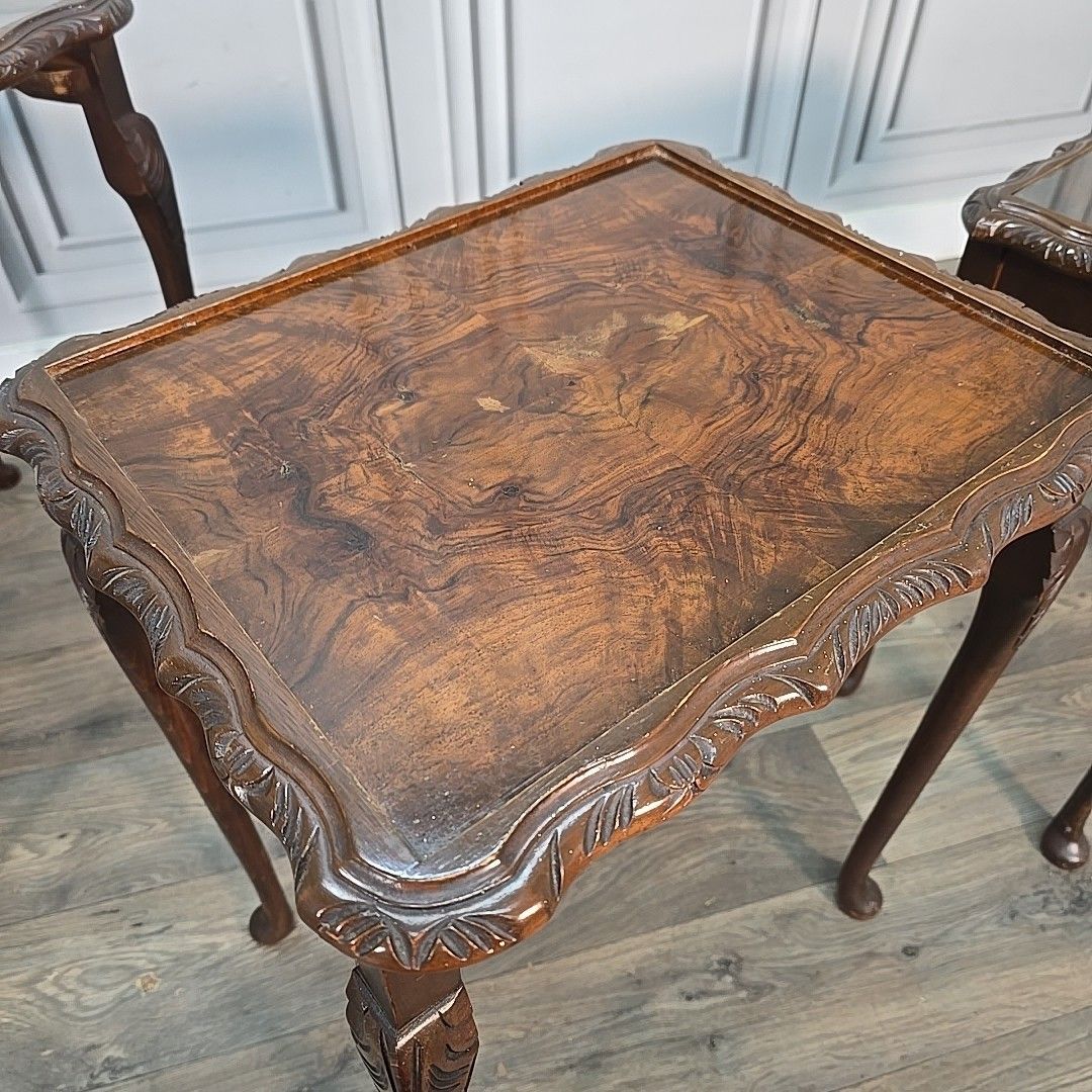 photo furniture Vintage Nest Of Tables Walnut Veneer Queen Anne Antique Style Set Nested Side