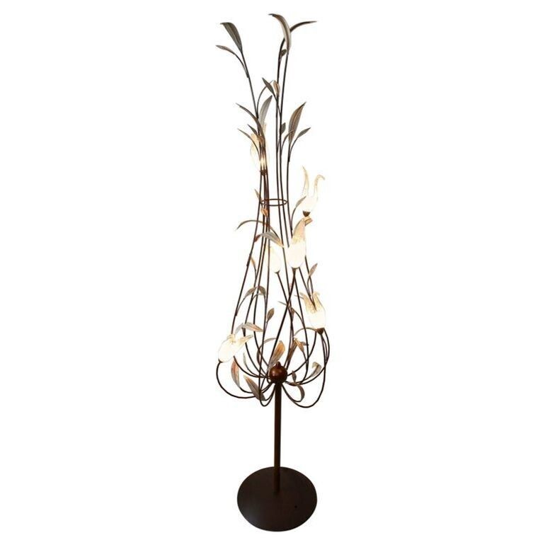 20th Century Murano Glass Swan Floor Lamp, Painted Reed Leaves, It Circa 1970