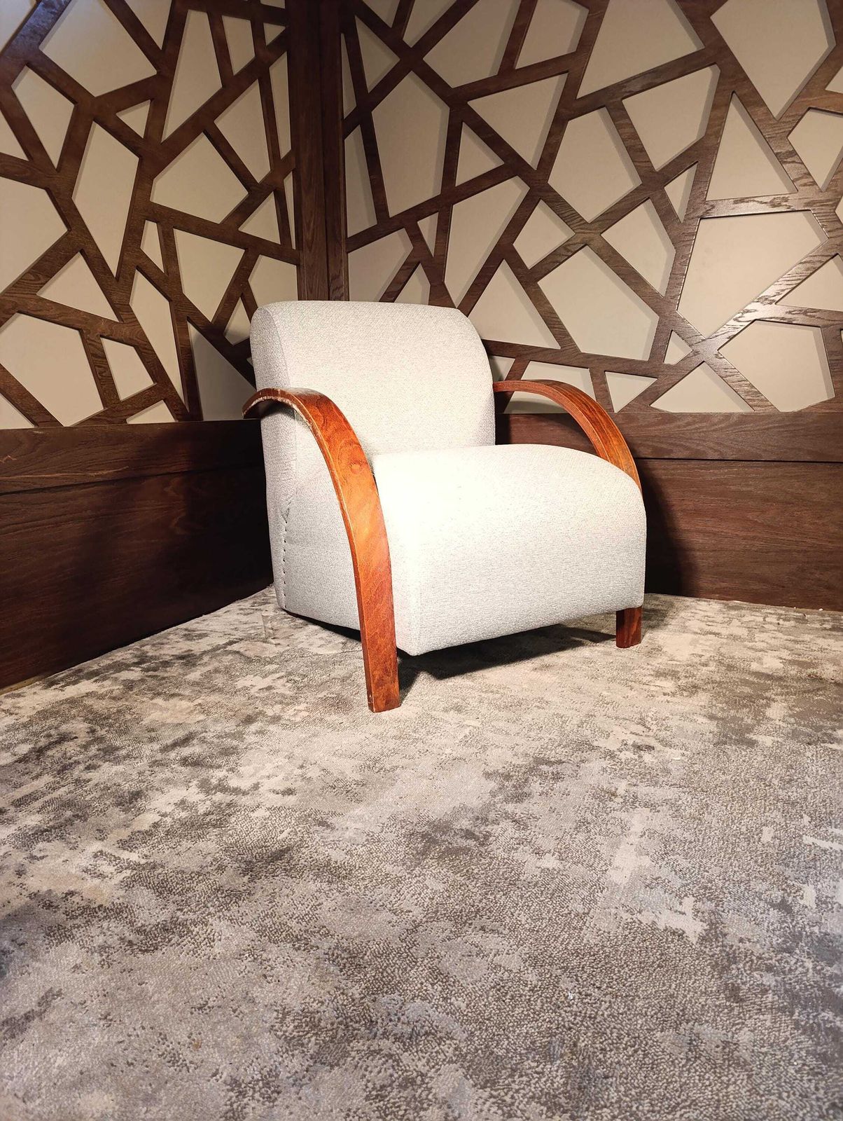 Art Deco 1949s Bentwood Oak Lounge Chair In The Style Of Halabala — New Upholstery photo Furniture