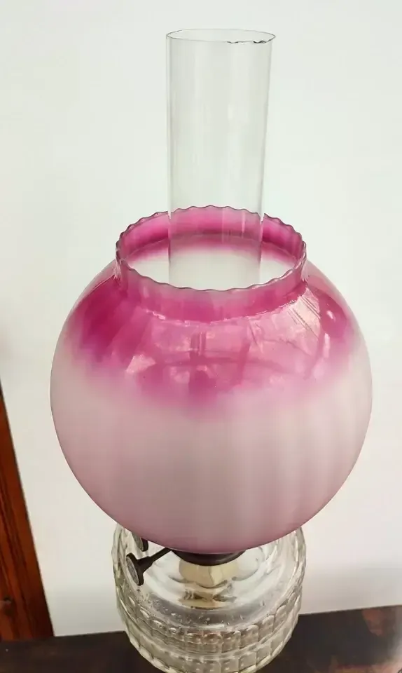 Stunning And Large Victorian Cranberry Glass Oil Lamp, Duplex Wicks photo Lighting