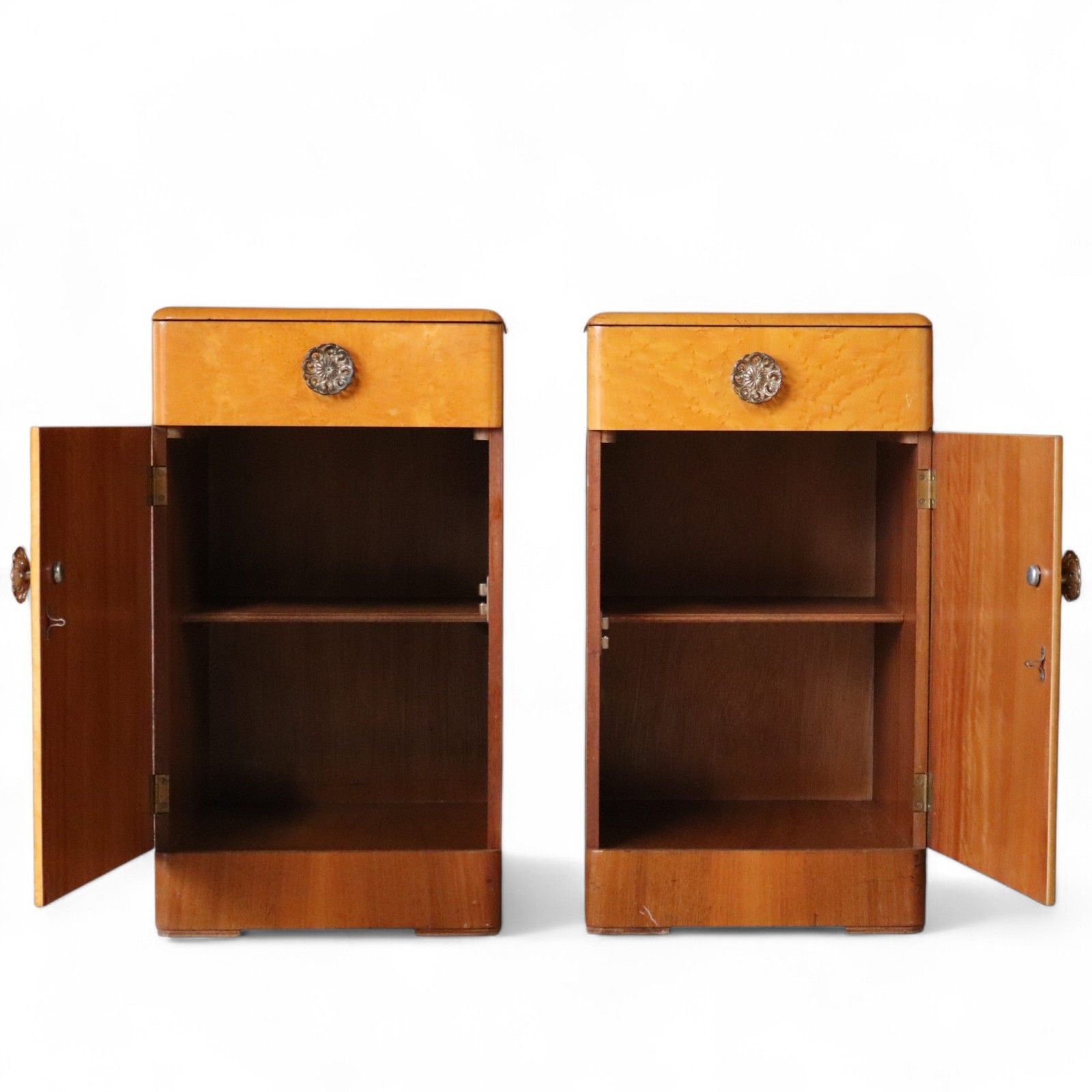 Pair Of Art Deco 1930s Birdseye Maple Bedside Cabinets Vintage Nightstands photo Furniture