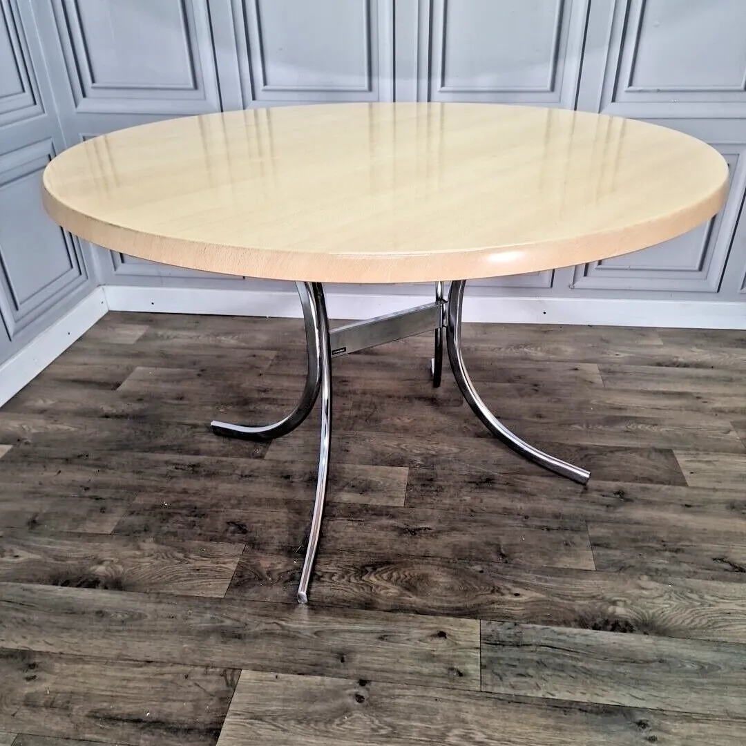 Retro Chrome Dining Table Modernist Round Frovi Wood Top Mid Century Modern