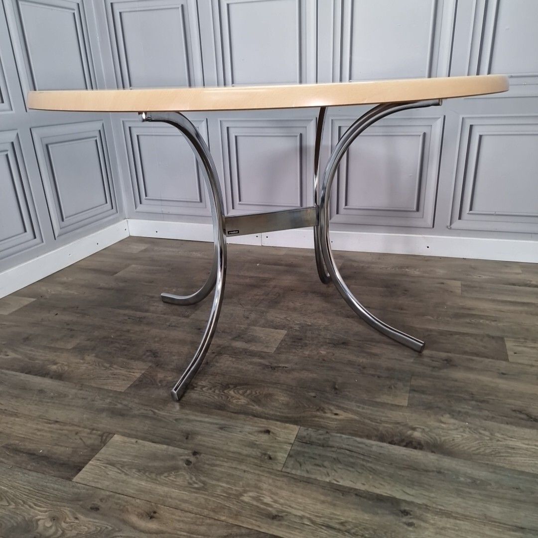 Retro Chrome Dining Table Modernist Round Frovi Wood Top Mid Century Modern photo Furniture