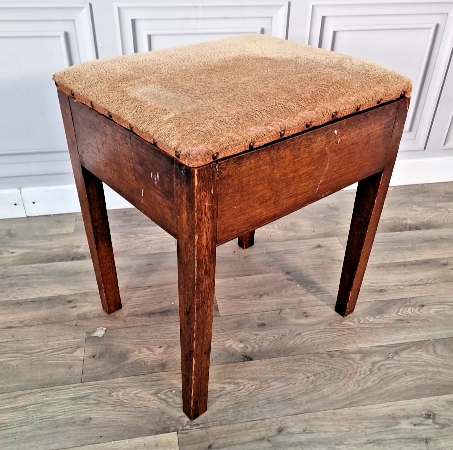Vintage Oak Piano Sewing Stool Lift Up Seat Storage Arts & Crafts Style Retro