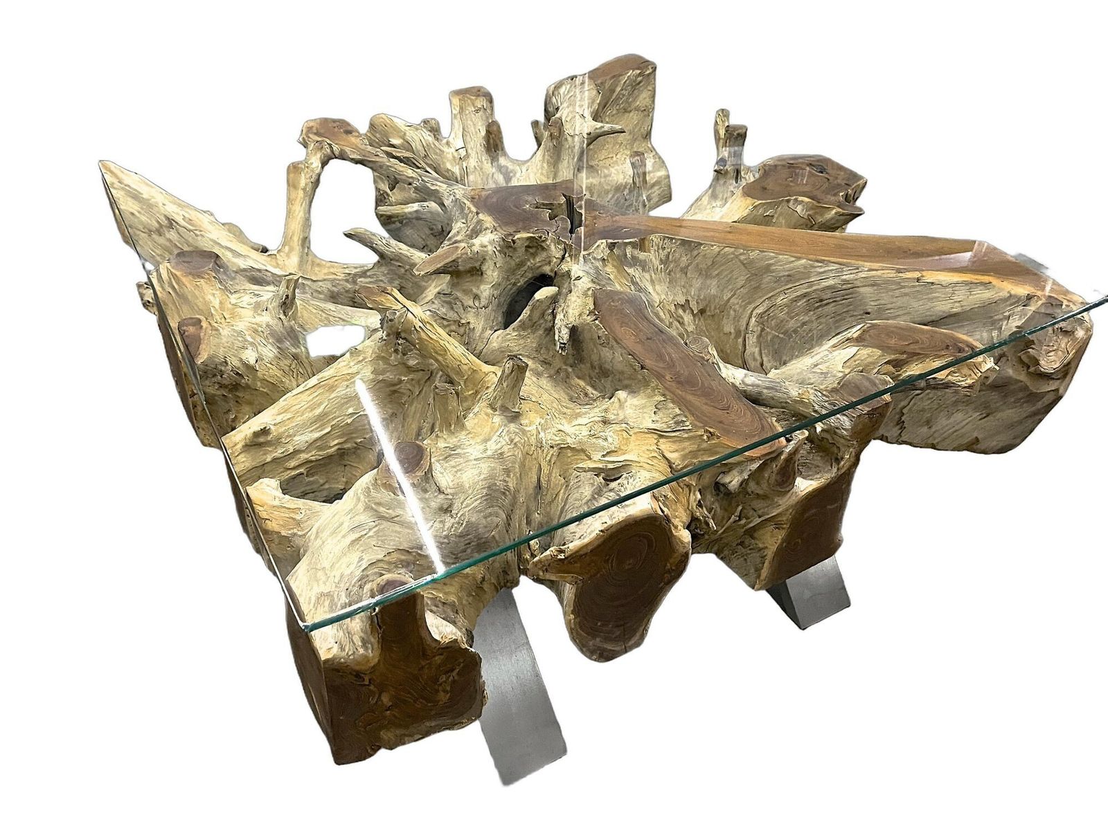 21st Century Organic Modern Teak Root Coffee/ Table, Glass, Idn 2024 photo vinterior