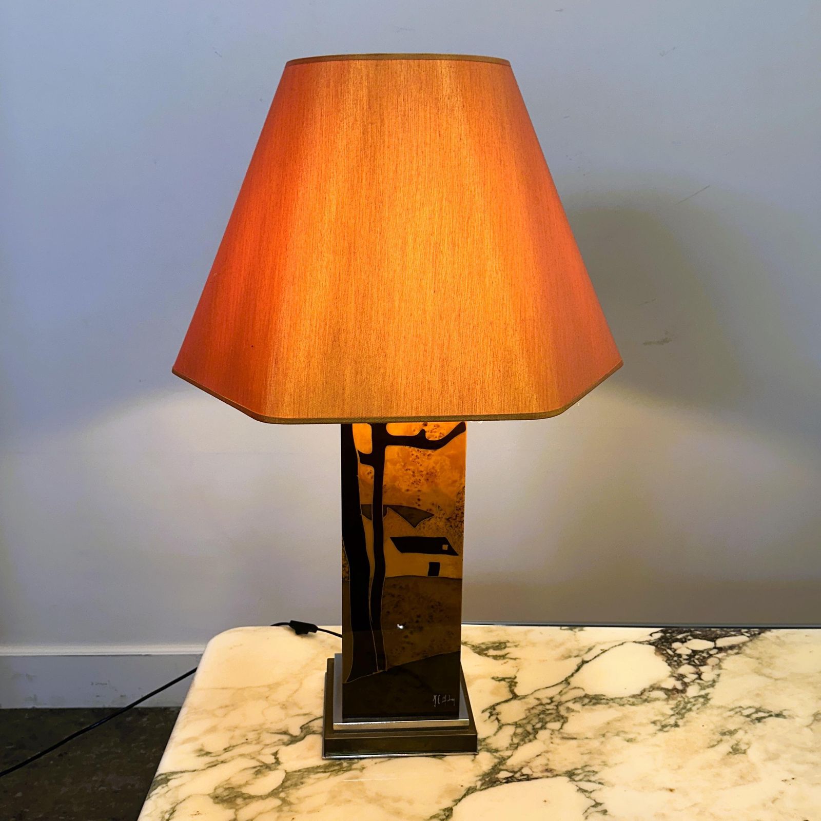 Rare 1970s Jean Claude Mahey Table Lamp In Burl Wood With Abstract Inlay And Original Shade