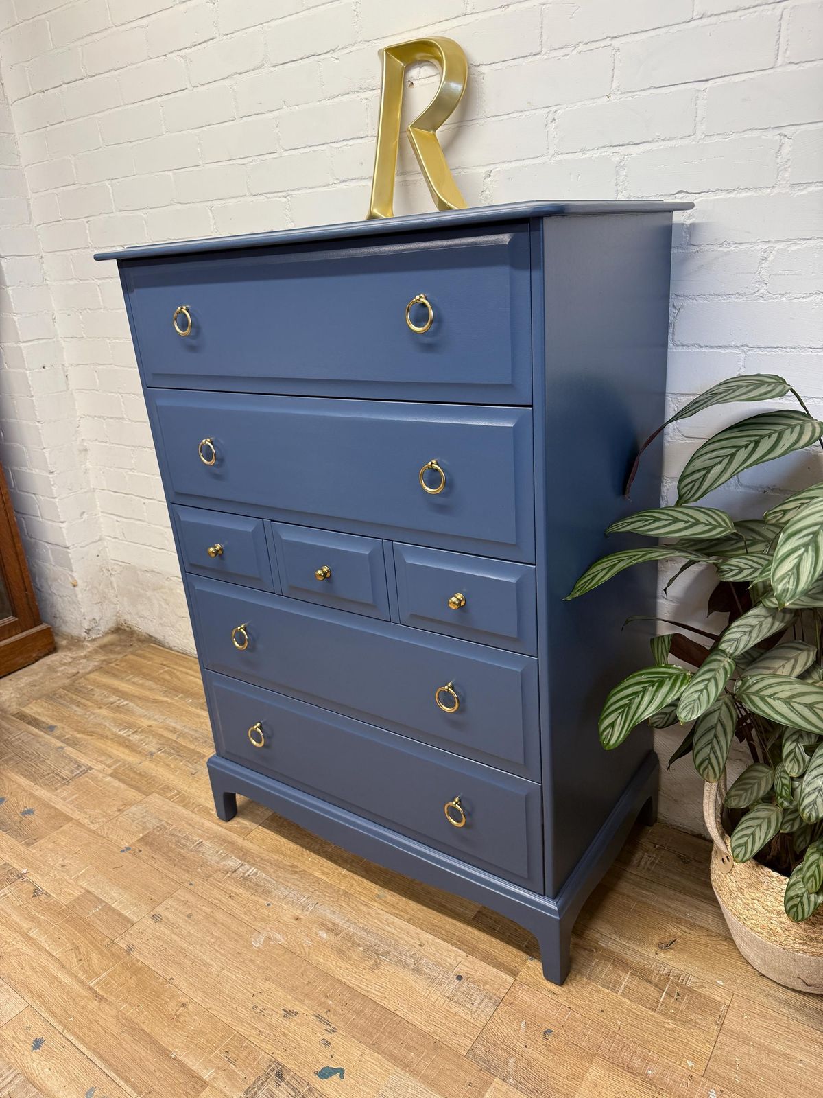 Stag Minstrel 7 Drawer Tallboy In Farrow & Ball Stiffkey Blue photo for sale