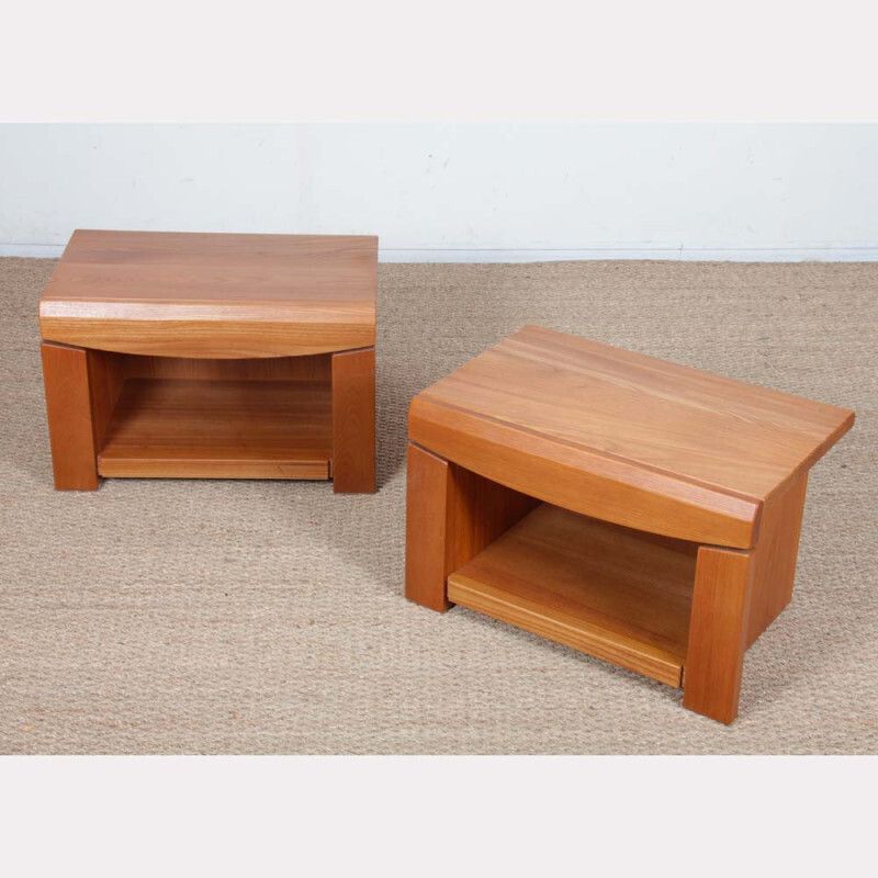 Pair Of Elm Bedside Tables, French Craftsmanship From The 1980s