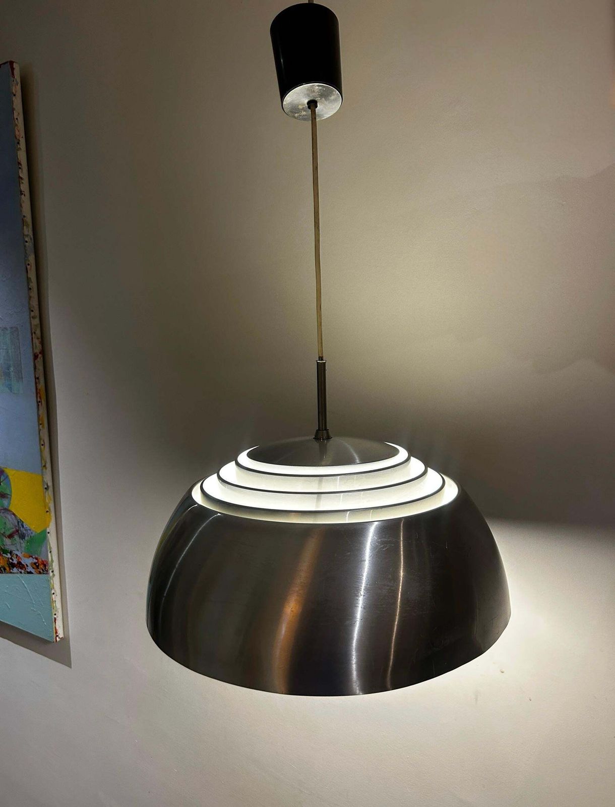 Danish Pendant Light From The 1960s, Polished Aluminum With Opaline Glass Globe photo vintage
