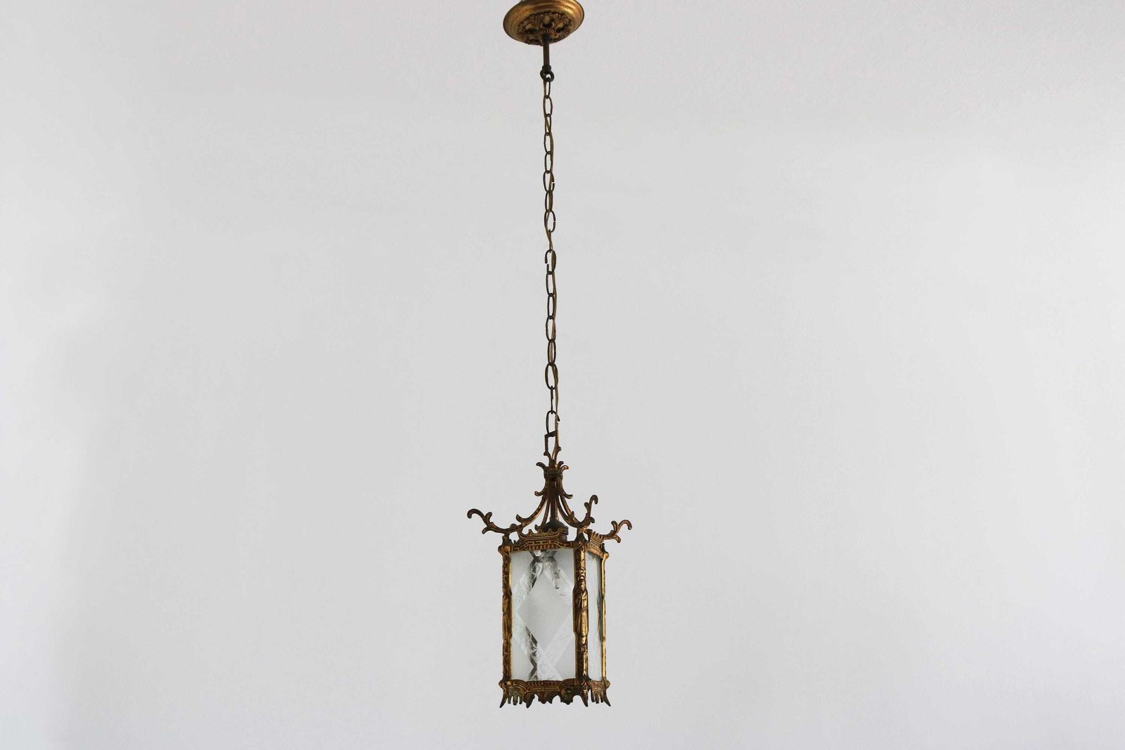 Elegant Antique Brass Etched Glass Hanging Lantern – Japanese / Oriental Inspired Design