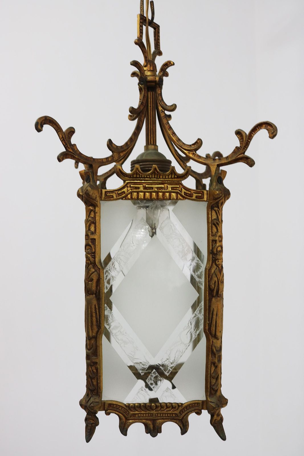 Elegant Antique Brass Etched Glass Hanging Lantern – Japanese / Oriental Inspired Design photo furniture