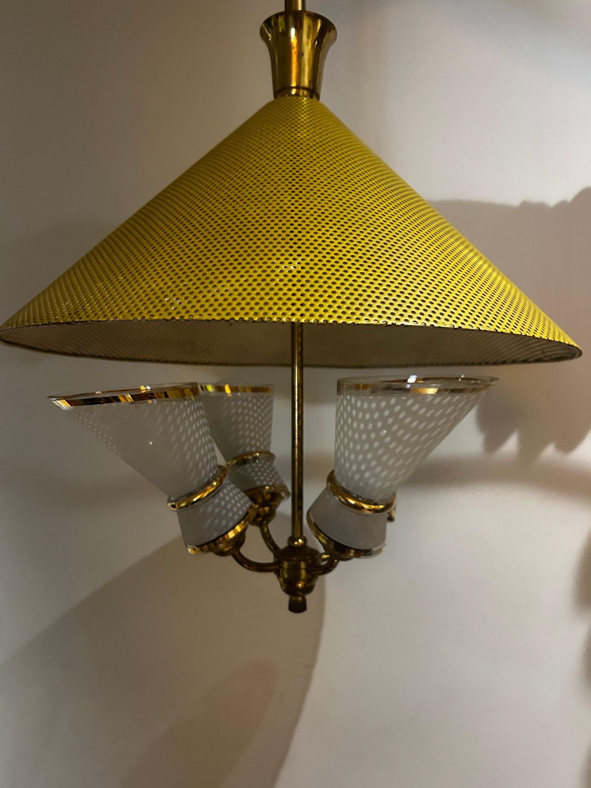 Italian Chandelier From The 1950s Yellow Perforated Metal Brass Frame photo furniture