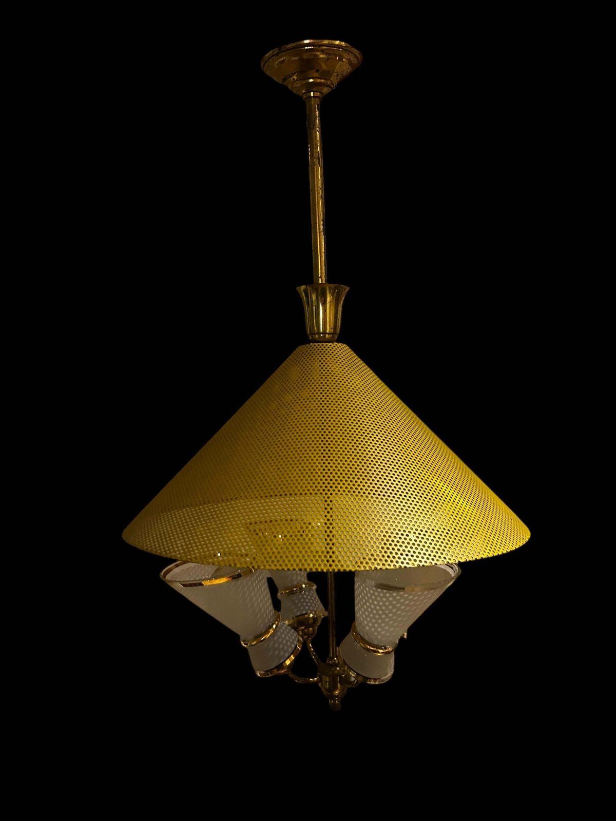 Italian Chandelier From The 1950s Yellow Perforated Metal Brass Frame photo 1207.0