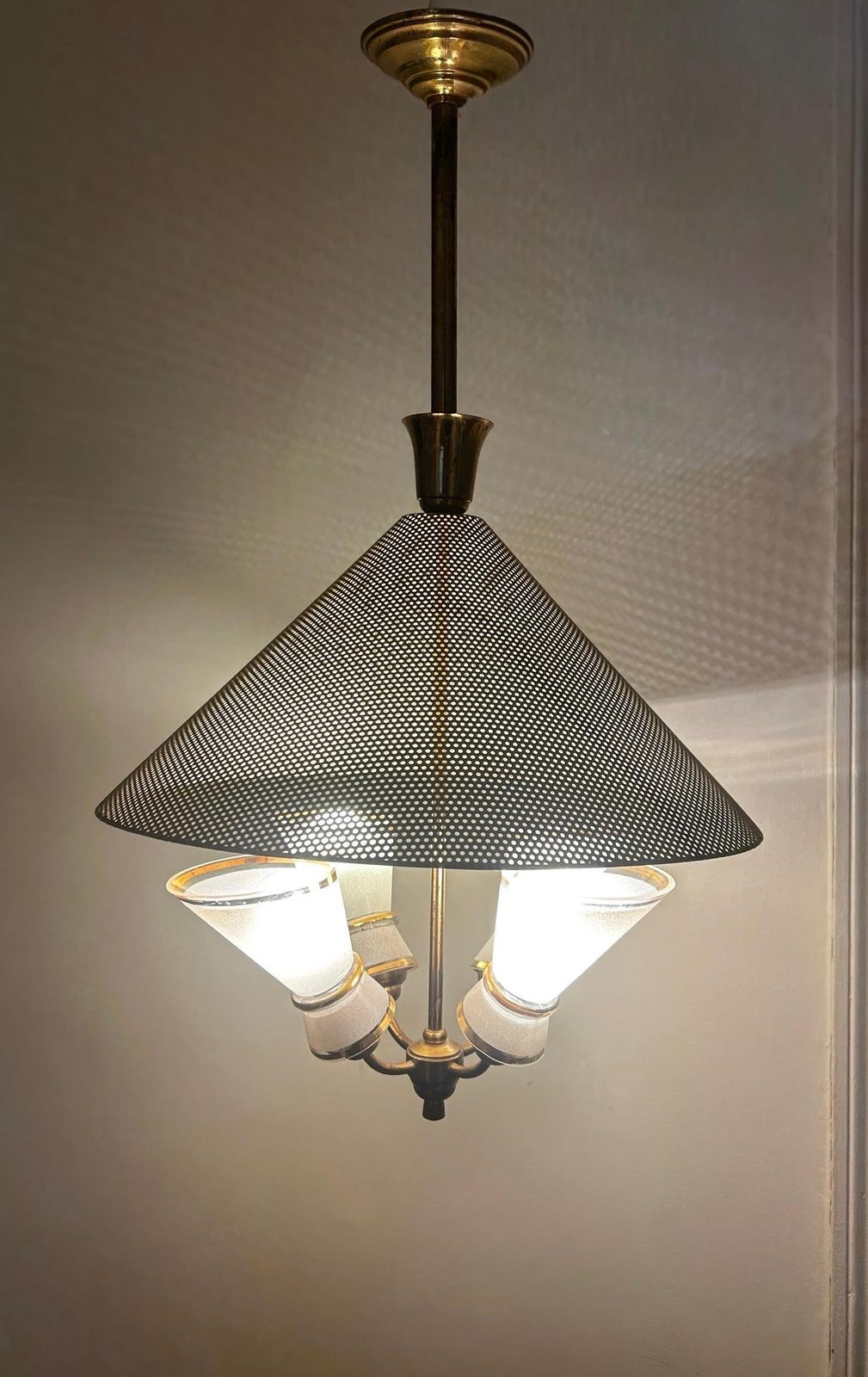 Italian Chandelier From The 1950s Yellow Perforated Metal Brass Frame photo buy