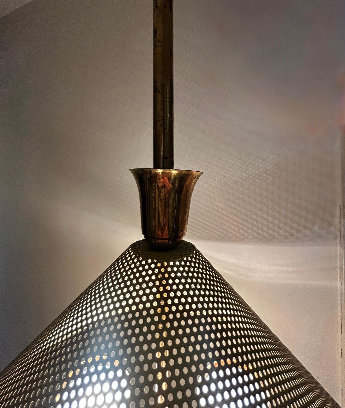 photo for sale Italian Chandelier From The 1950s Yellow Perforated Metal Brass Frame