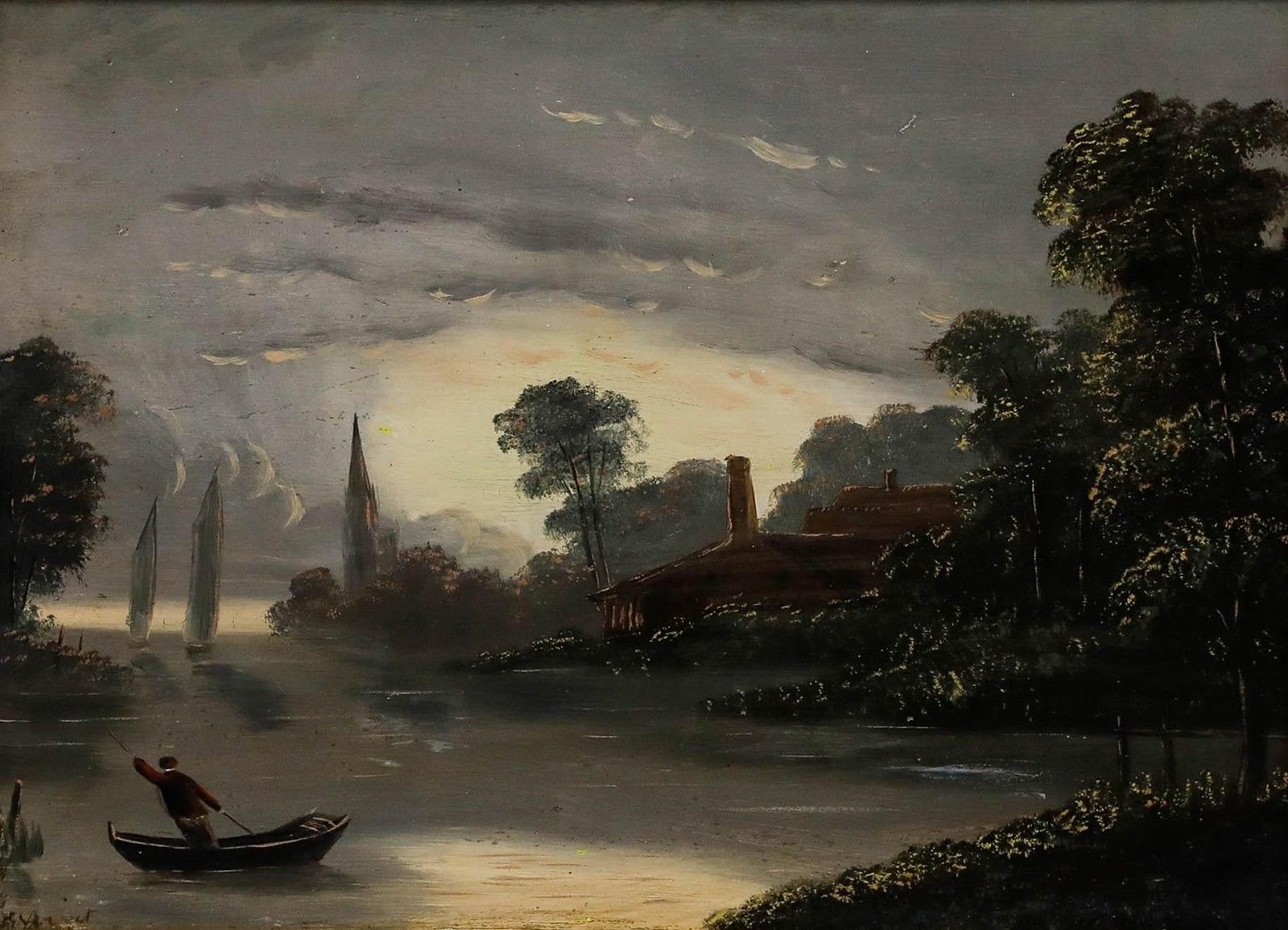 Framed Early 20th Century Oil Boating At Dusk photo furniture
