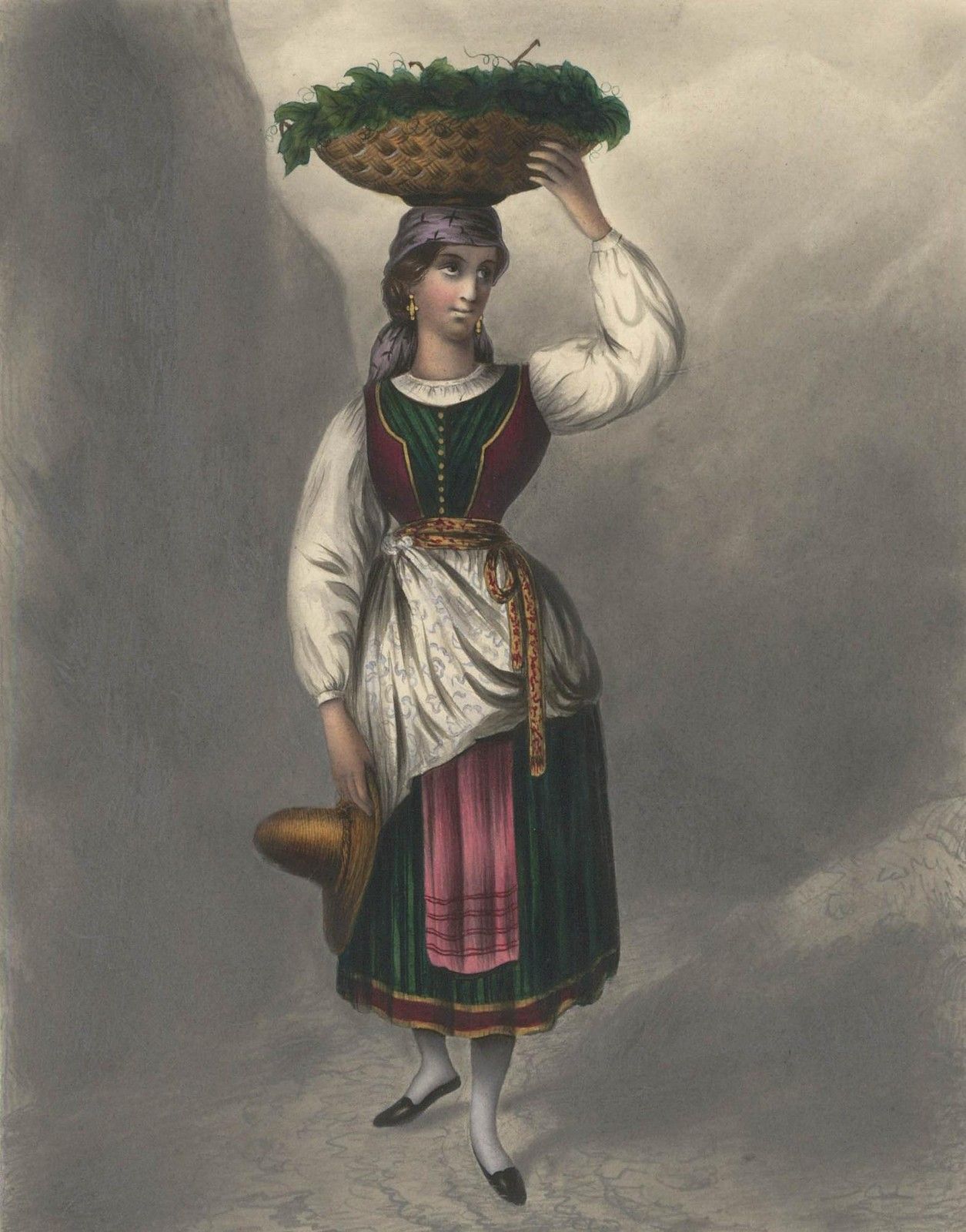 Early 19th Century Watercolour Woman Carrying Basket photo furniture