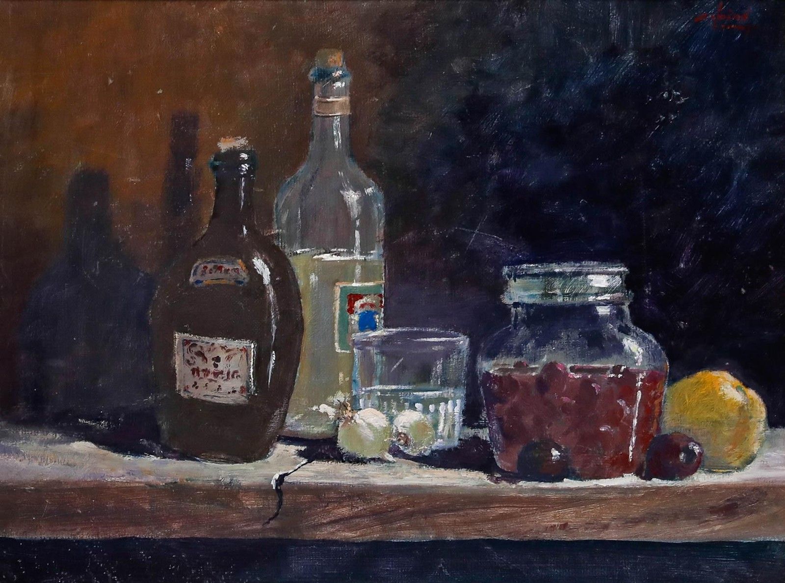 Arvind Limaye Framed 20th Century Oil, Study Of Glass Bottles & Fruit photo furniture