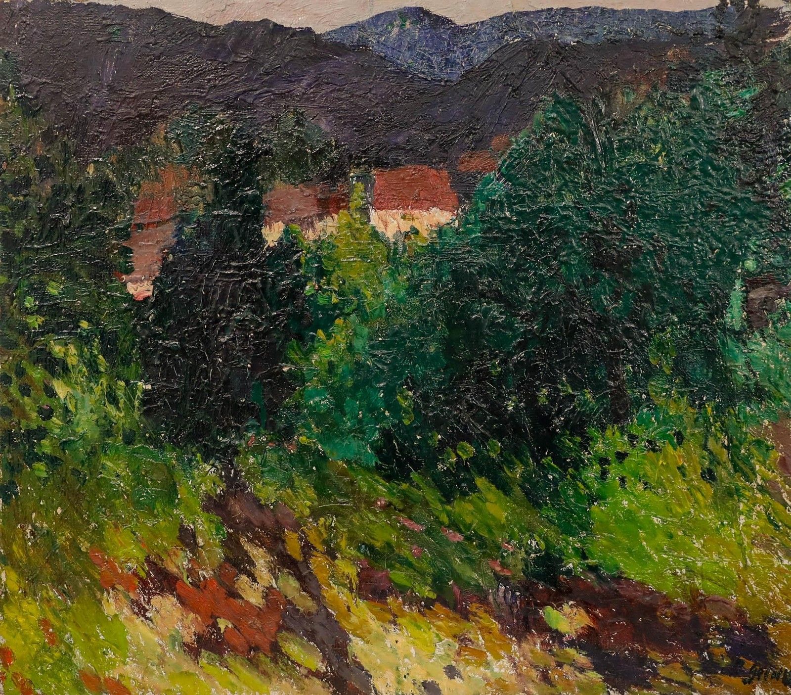 Anton Gold (1914 1970) Mid 20th Century Oil, Chalets In The Mountains photo furniture