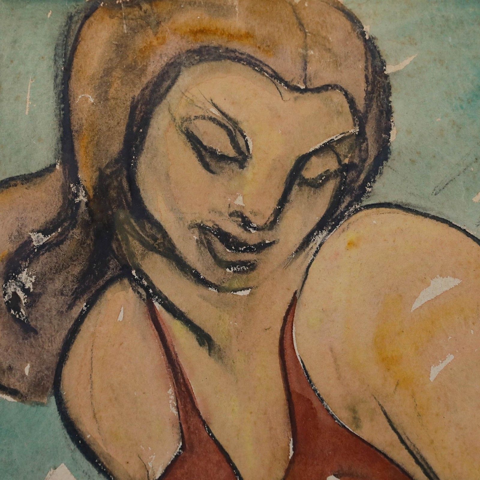 Mid 20th Century Watercolour Lady In A Red Dress photo for sale