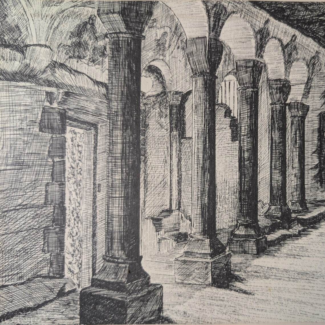Vintage French Radu Etching Grotto Of Jonas, Auvergne, France, Troglodyte Chapel, Architecture Art photo for sale
