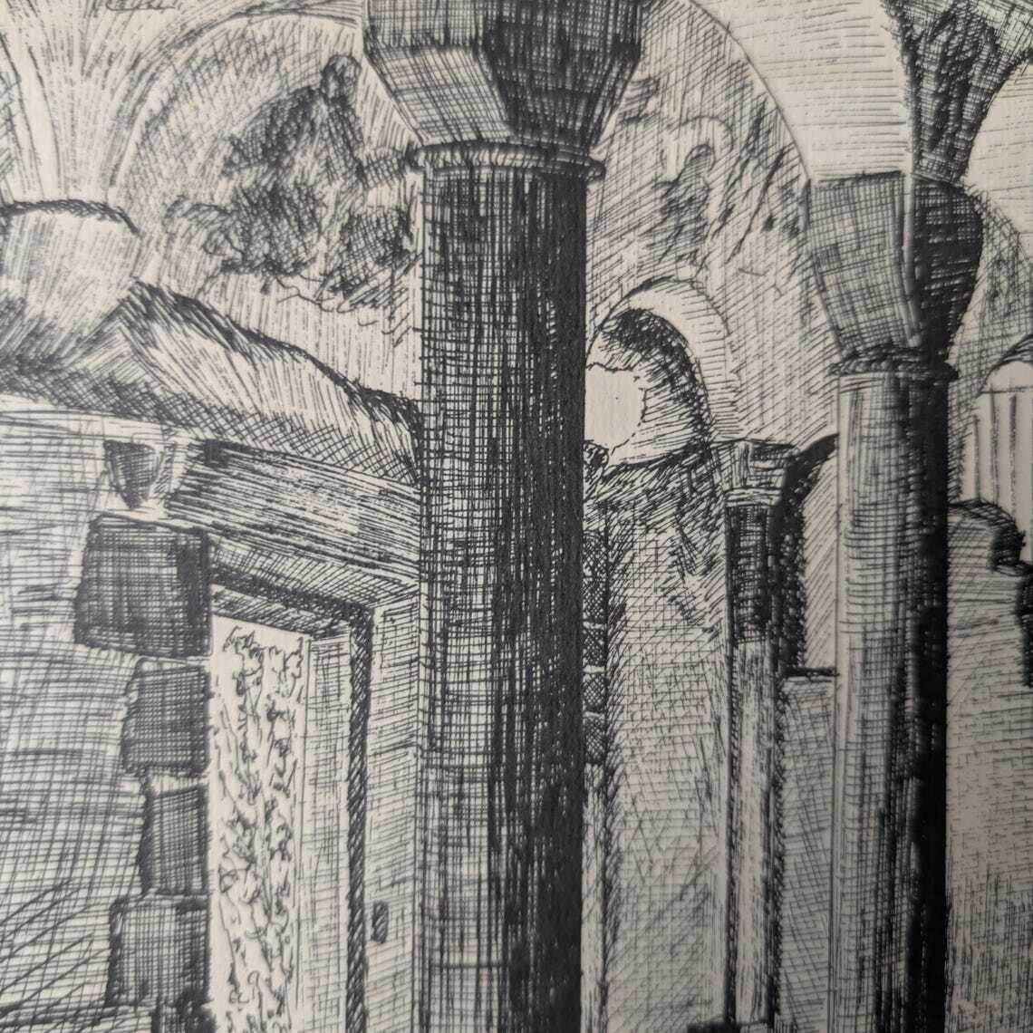 Vintage French Radu Etching Grotto Of Jonas, Auvergne, France, Troglodyte Chapel, Architecture Art photo vinterior