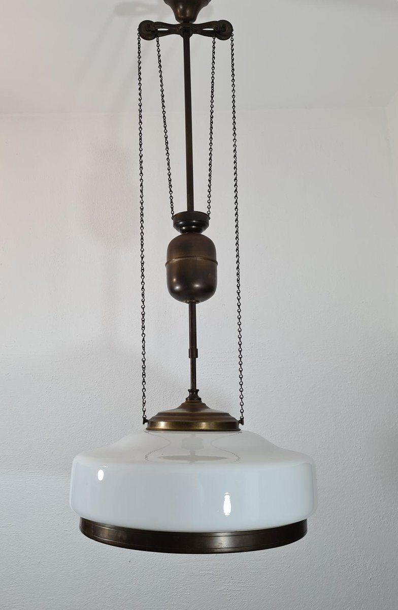 Art Deco Adjustable Pendant Lamp In Brass And Opal Glass, 1930s 1940s photo furniture