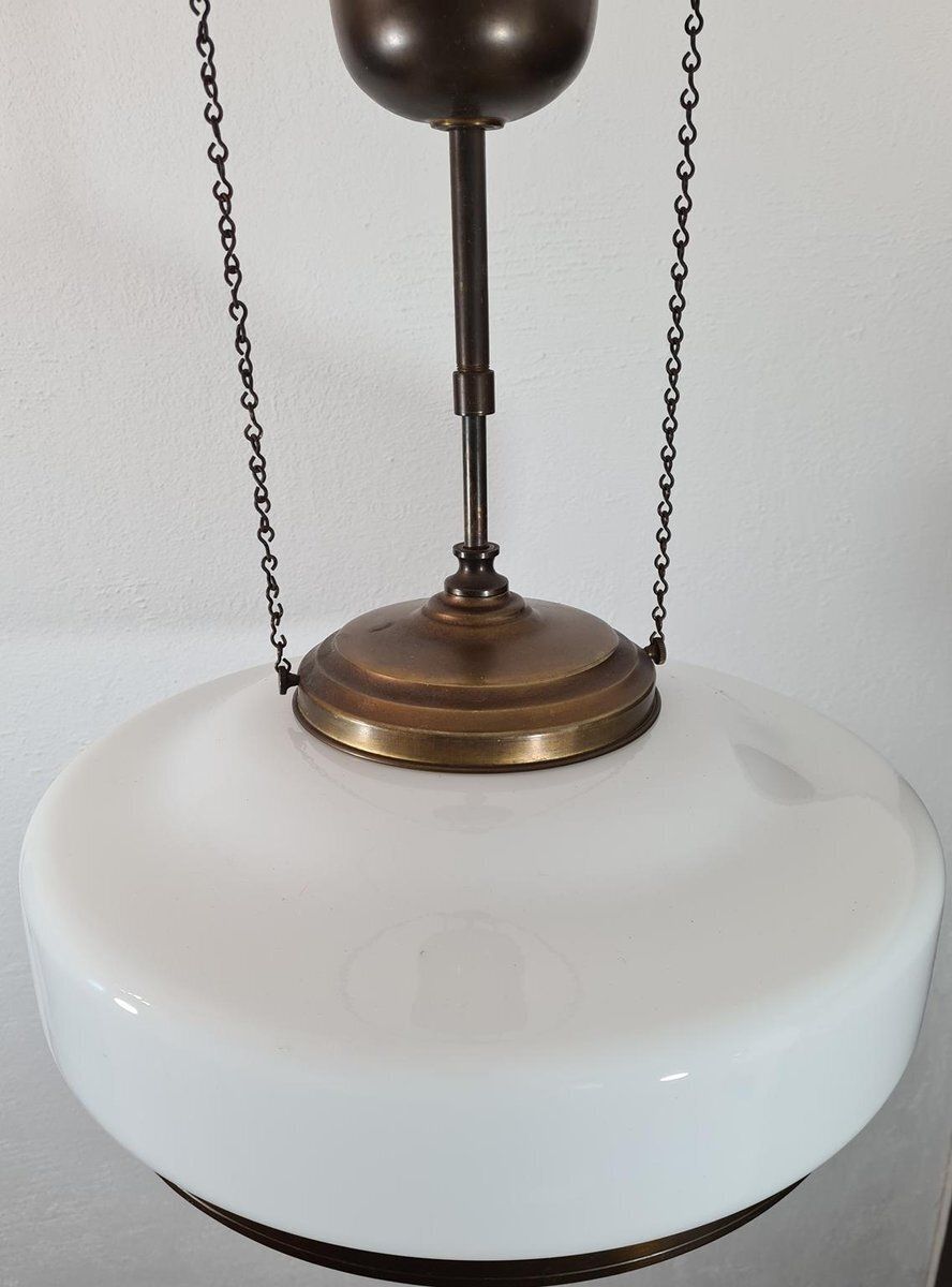 Art Deco Adjustable Pendant Lamp In Brass And Opal Glass, 1930s 1940s photo Lighting