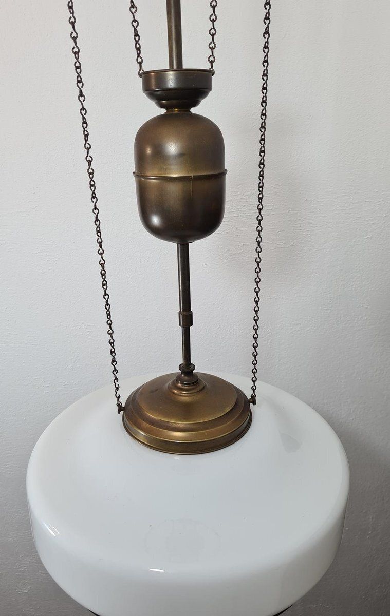 Art Deco Adjustable Pendant Lamp In Brass And Opal Glass, 1930s 1940s photo buy