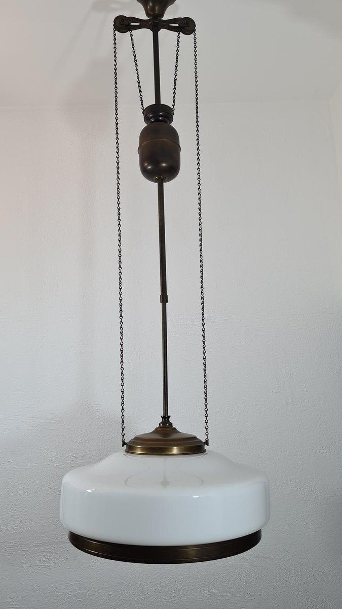 photo for sale Art Deco Adjustable Pendant Lamp In Brass And Opal Glass, 1930s 1940s