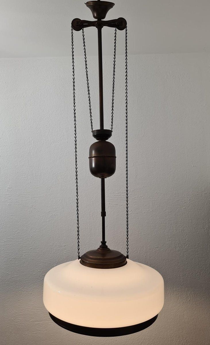 photo vinterior Art Deco Adjustable Pendant Lamp In Brass And Opal Glass, 1930s 1940s