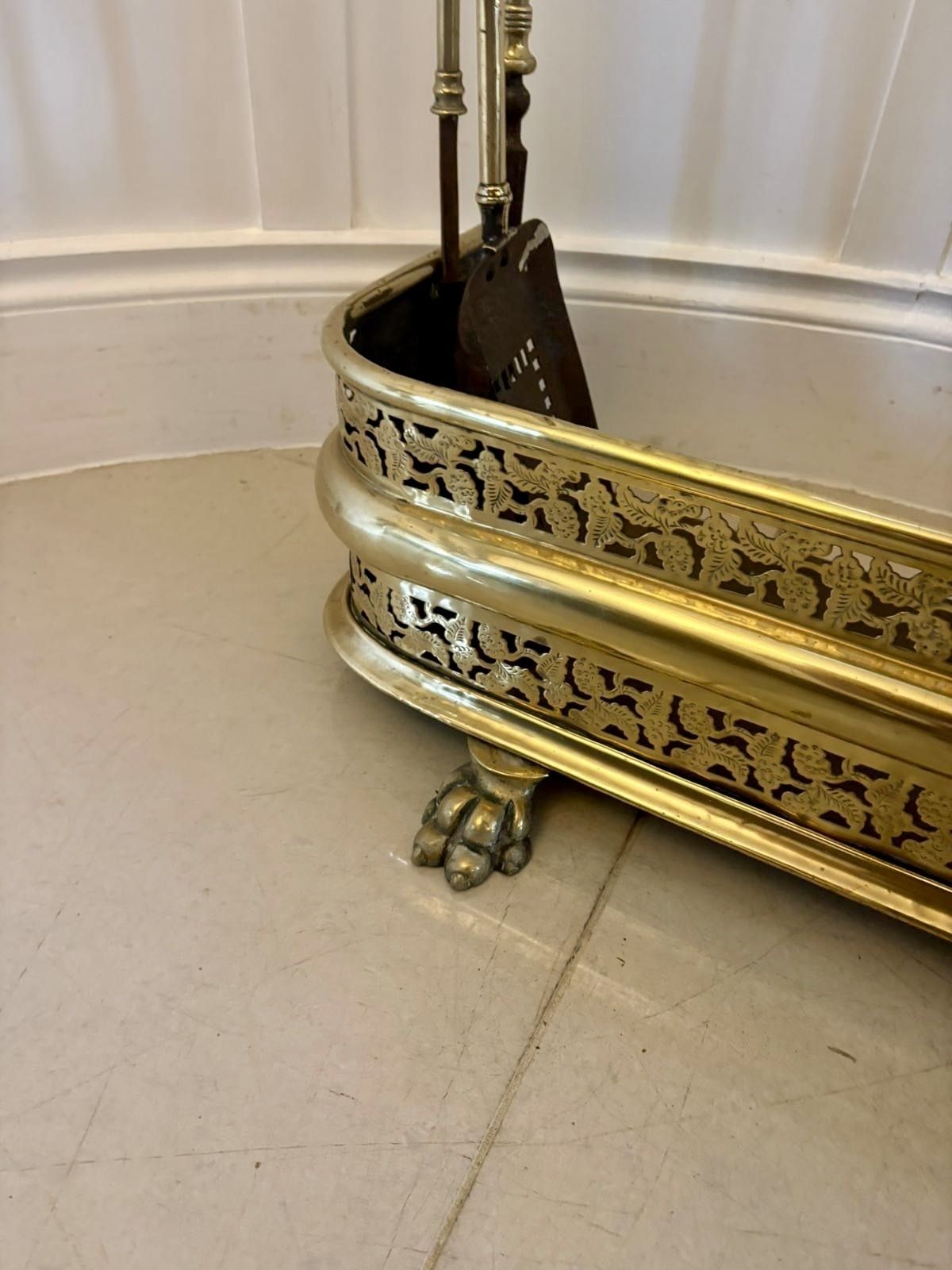 Unusual And Rare Quality Antique Regency Brass Fender With Original Fire Irons photo for sale