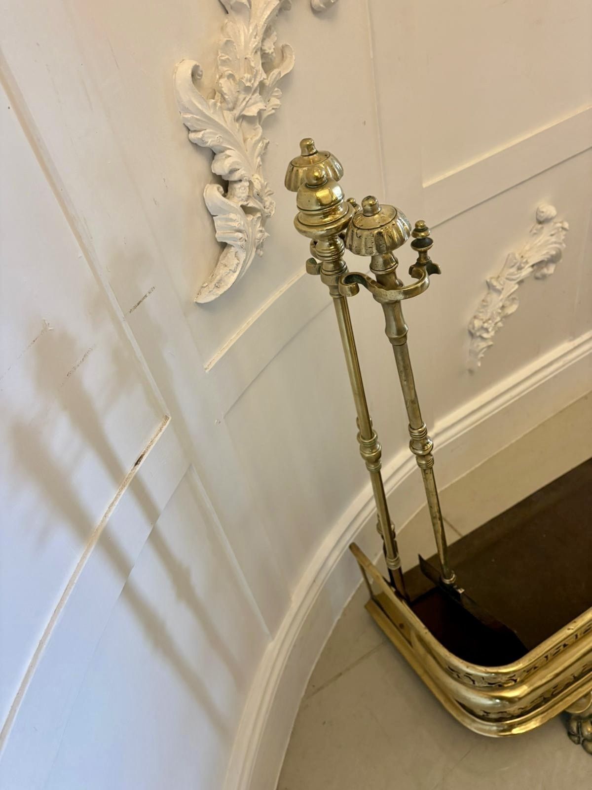 Home Fixtures Unusual And Rare Quality Antique Regency Brass Fender With Original Fire Irons photo